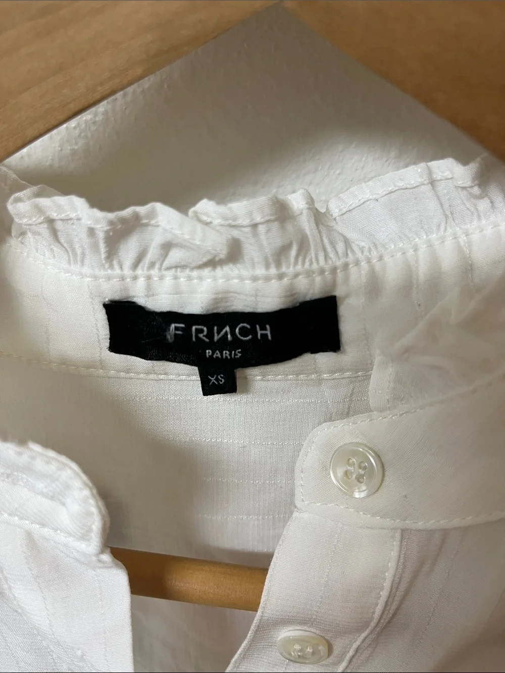 FRNCH White Button-Down Blouse with Ruffle Neck and embroidered detail
